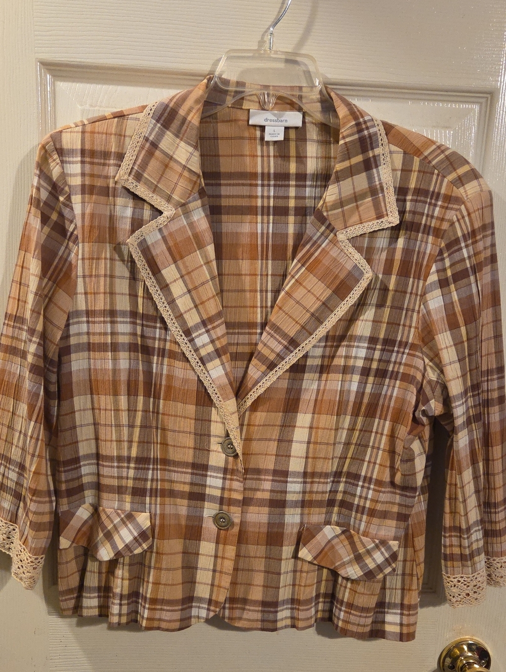 Vintage Dressbarn Brown and Cream Plaid Button-Front Blazer